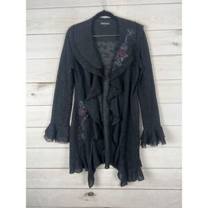 Kessley Sweater Cardigan Womens Large Black Floral Embroidered Ruffle Boho